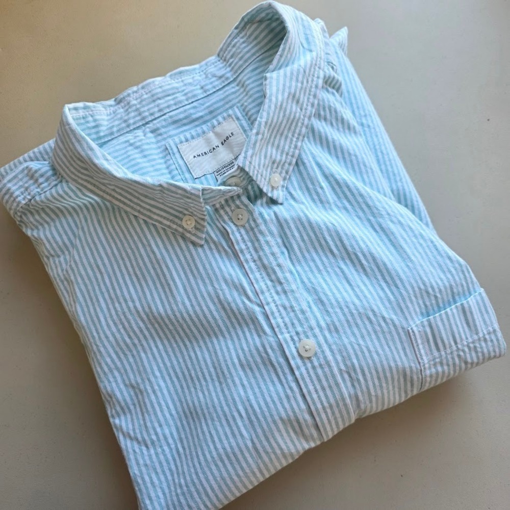 American Eagle Cotton Mens Striped Button Down‎ Shirt Aqua White Long Sleeve XXL